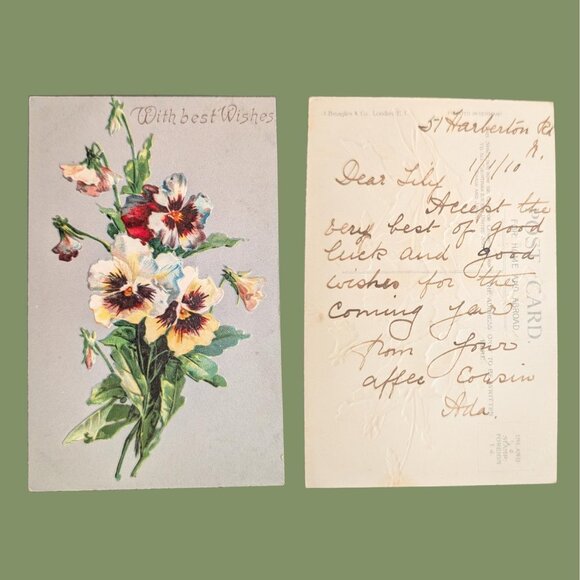 Vintage Postmarked 1910 Postcard Art Nouveau Pansy Bouquet - Picture 1 of 2